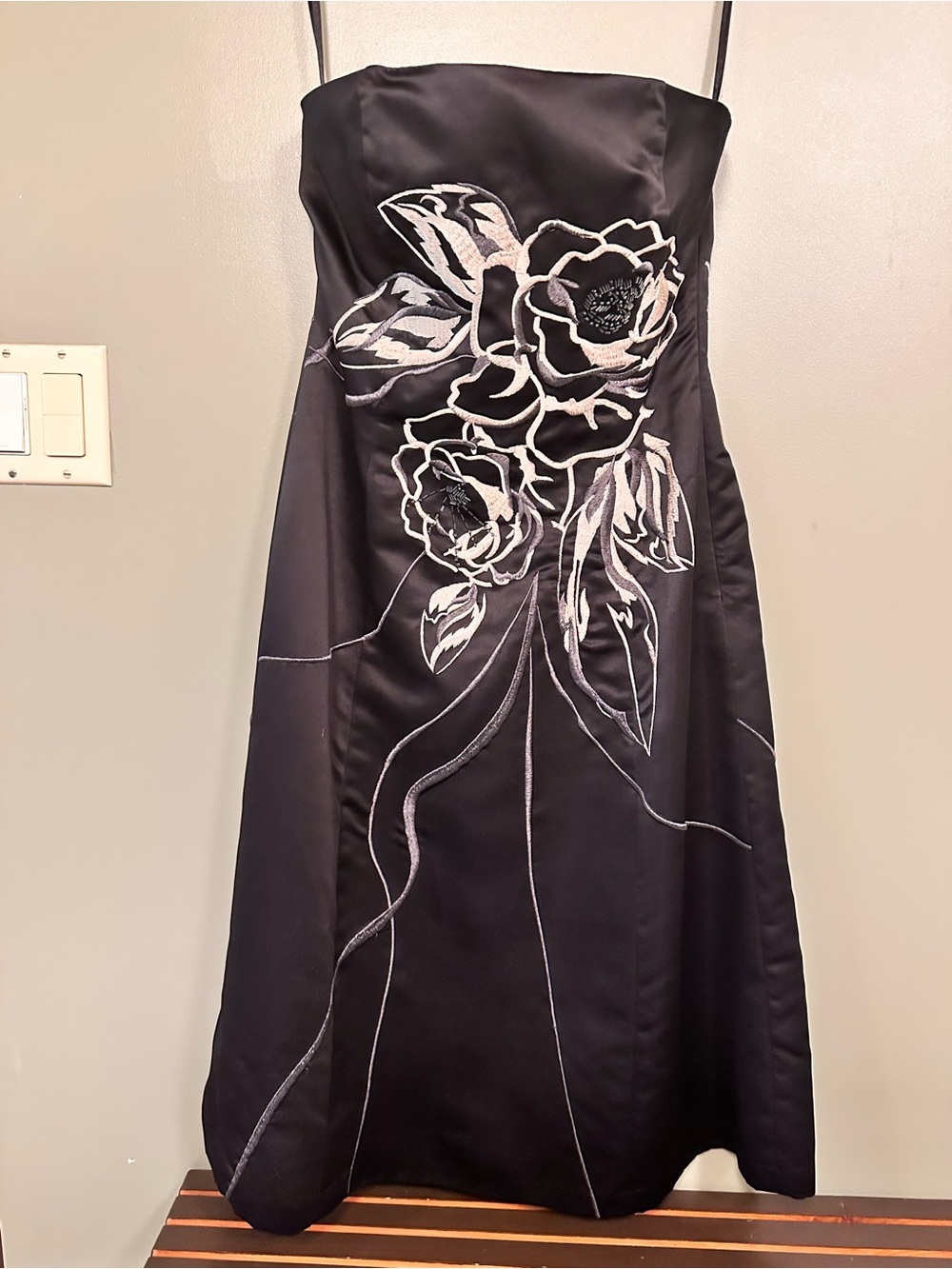 White House Black Market Black Strapless Dress with Floral Embroidery